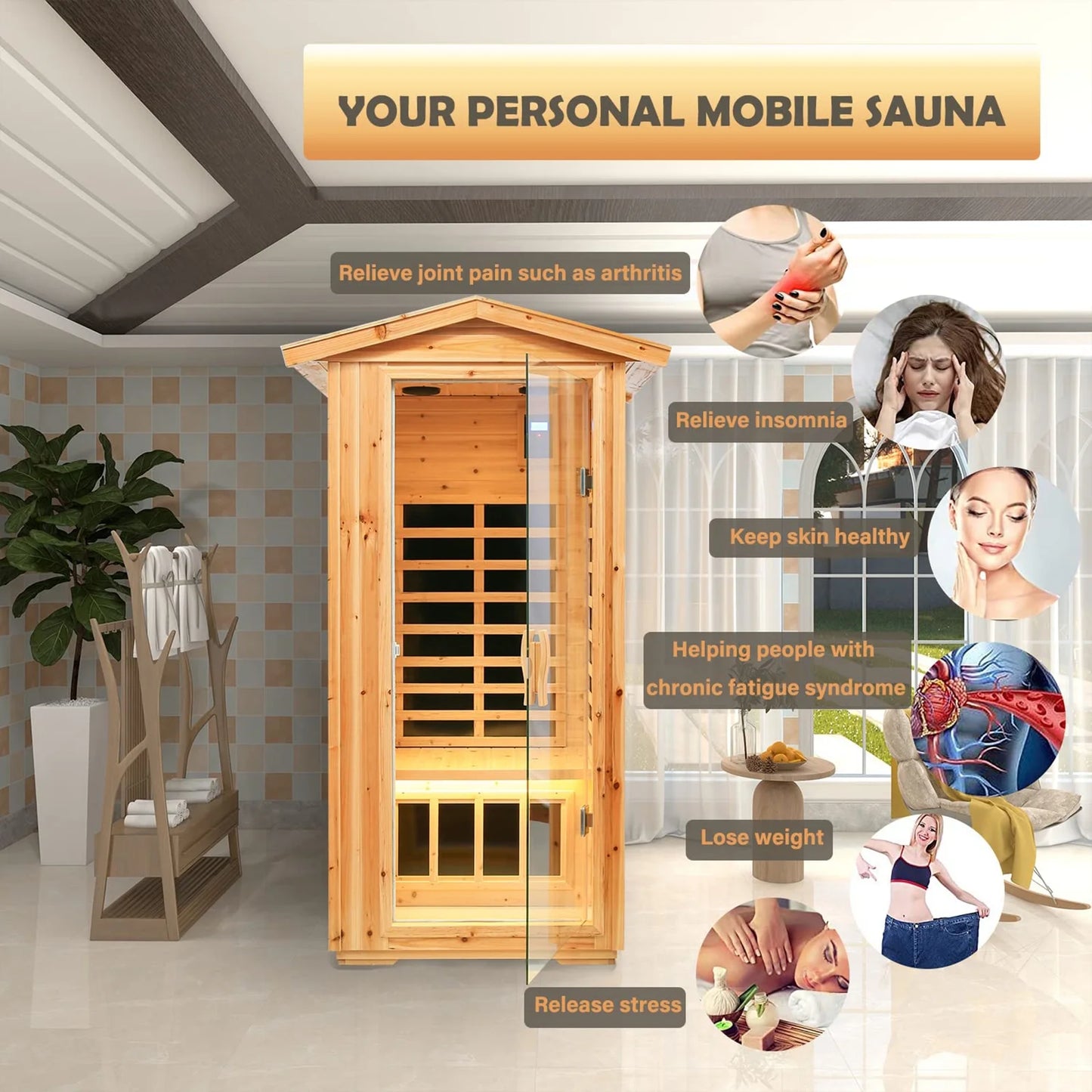 Outdoor Wooden Sauna, 1 Person 1560W Low EMF Canadian Hemlock Wooden Far Dry Sauna