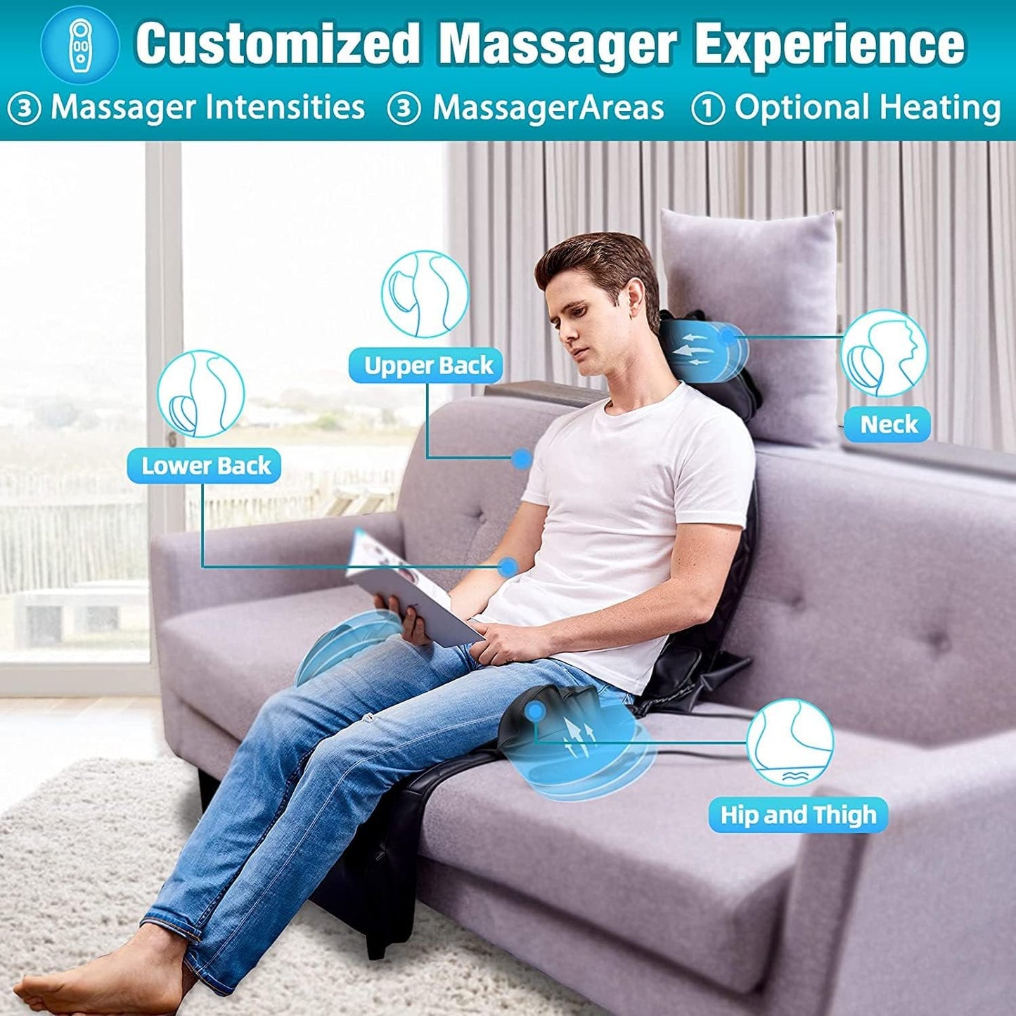 Back Massager with Compress & Heat, Vibrating Massage Chair Pad for Home or Office Use,Height Adjustable Massage Seat Helps Relieve Stress and Fatigue for Neck, Back, Waist and HIPS