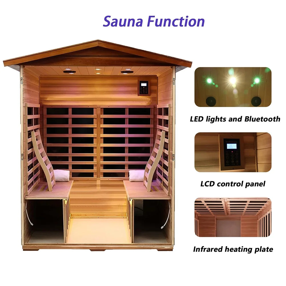 Outdoor Mahogany Sauna, 4 Person Far Sauna 2050W Wooden Sauna Spa with LED Reading Lamp