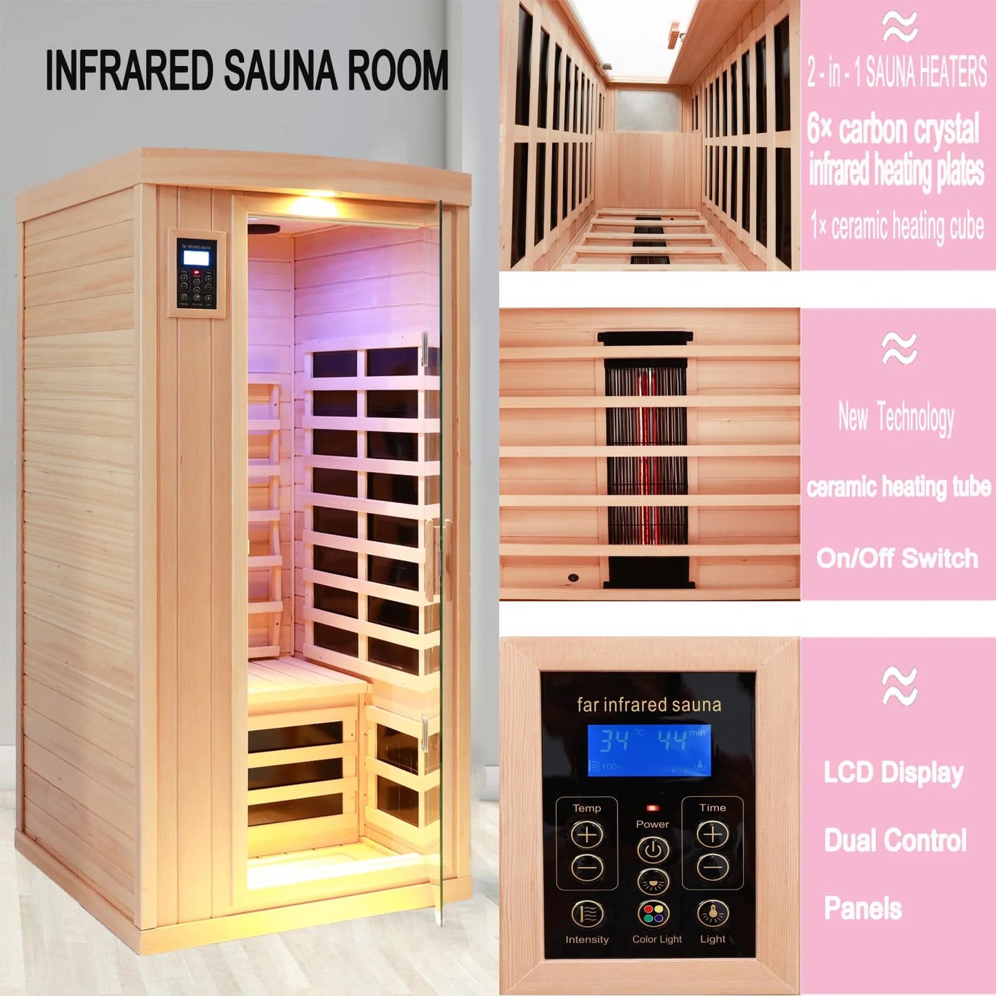 1 Person Sauna, Hemlock Wood Dry Sauna with LED Colorful Light and Speaker