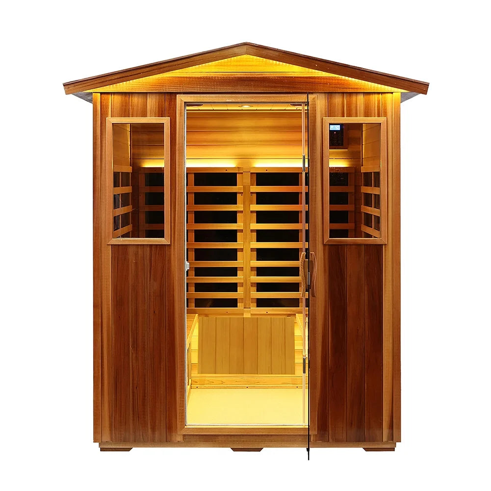 Outdoor Mahogany Sauna, 4 Person Far Sauna 2050W Wooden Sauna Spa with LED Reading Lamp