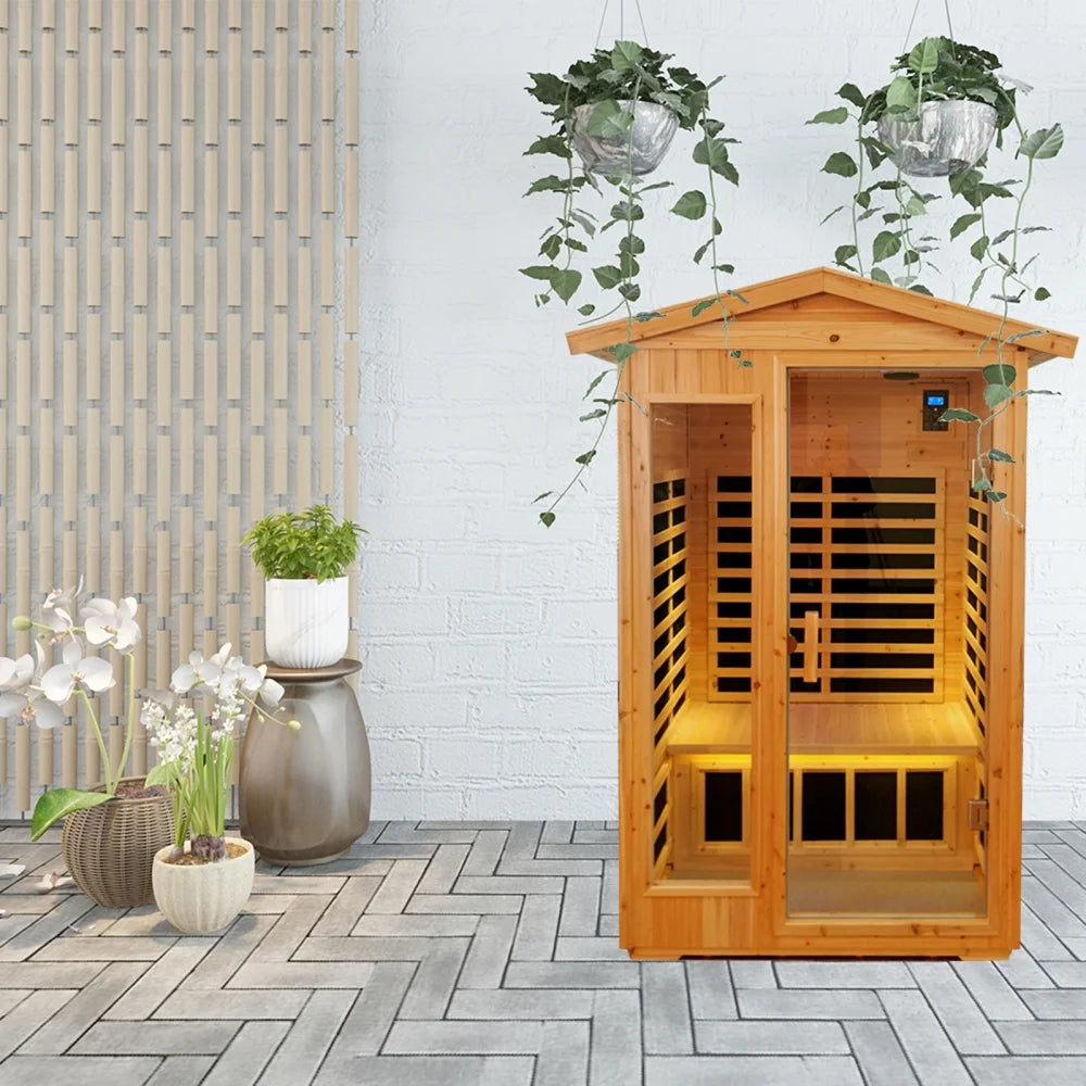 Wooden Outdoor Sauna, 2 Person 1750W Hemlock Sauna Room with 9 Low EMF Heaters