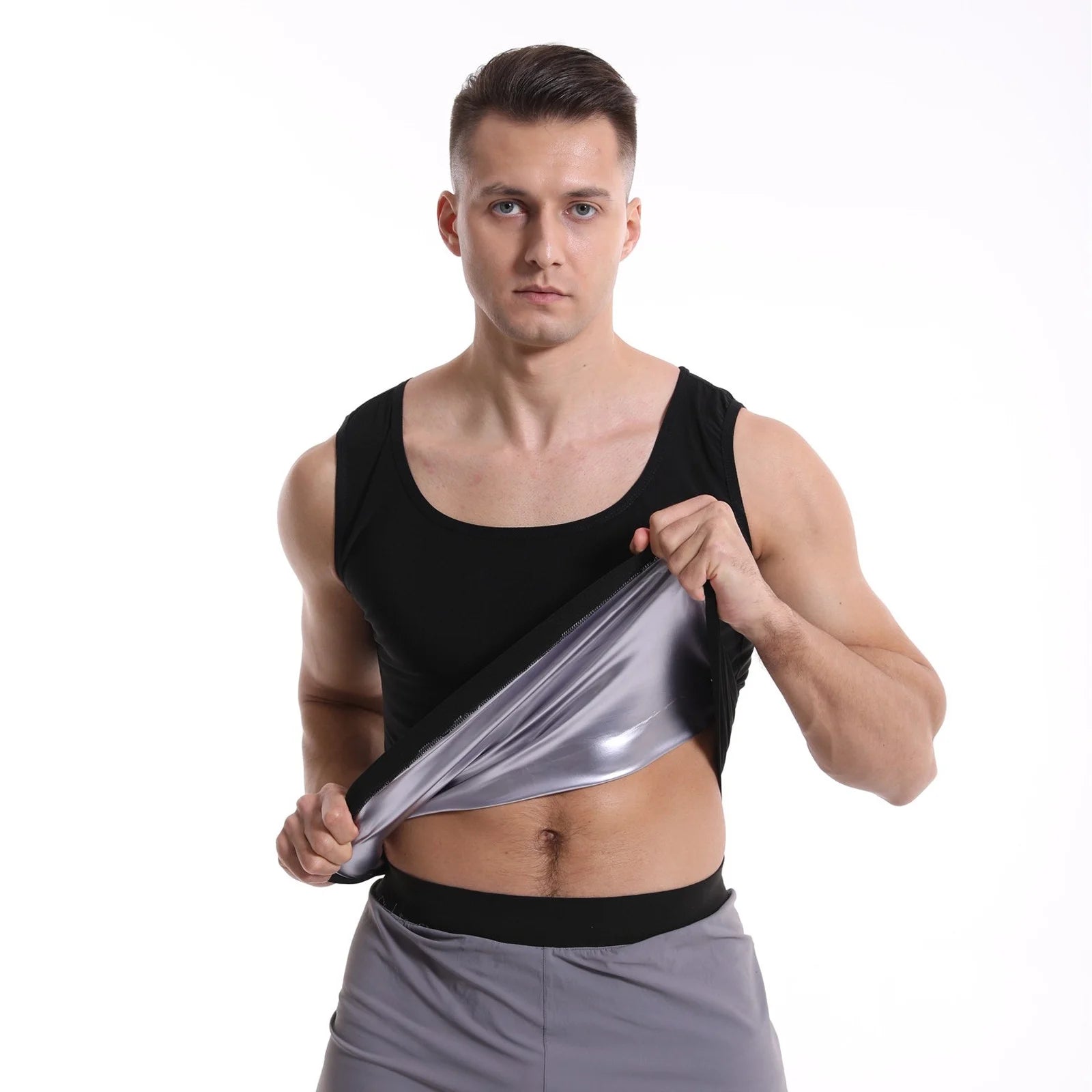 Men T Shirts Sauna Sleeveless Sauna Suit Sweat Body Shaper Sauna Vest Gym Exercise Sauna T Shirt Silver XXL