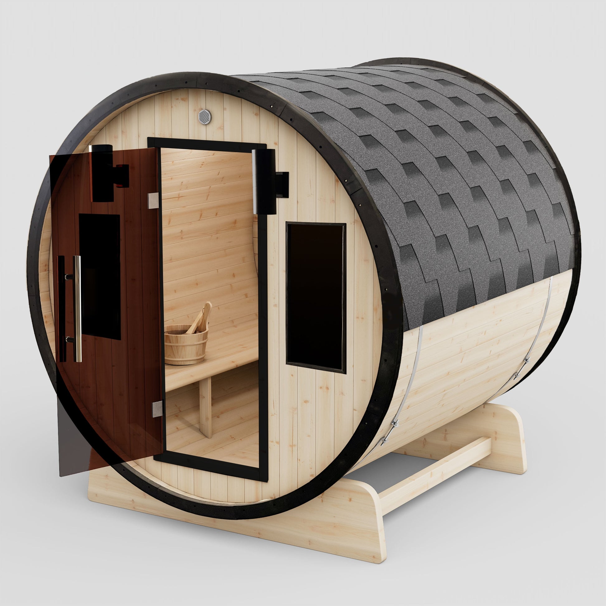 Outdoor 3-4 Person Pine Wood Dry Wet Barrel Sauna with Heater and Roof