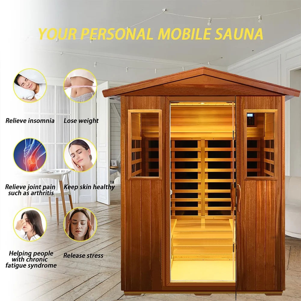 Outdoor Mahogany Sauna, 4 Person Far Sauna 2050W Wooden Sauna Spa with LED Reading Lamp