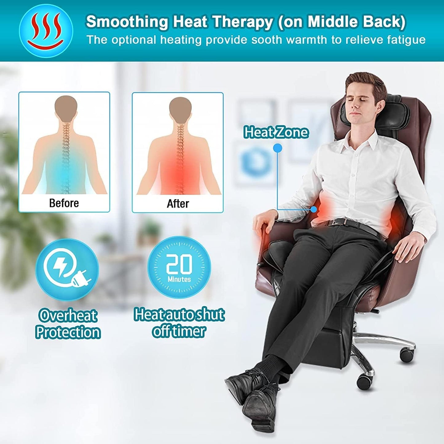 Back Massager with Compress & Heat, Vibrating Massage Chair Pad for Home or Office Use,Height Adjustable Massage Seat Helps Relieve Stress and Fatigue for Neck, Back, Waist and HIPS