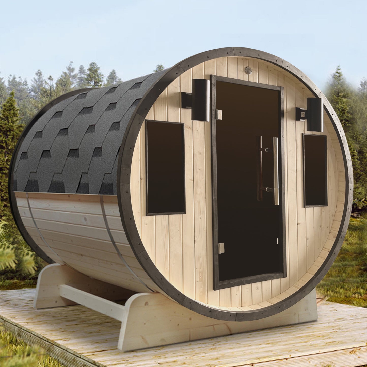 Outdoor 3-4 Person Pine Wood Dry Wet Barrel Sauna with Heater and Roof