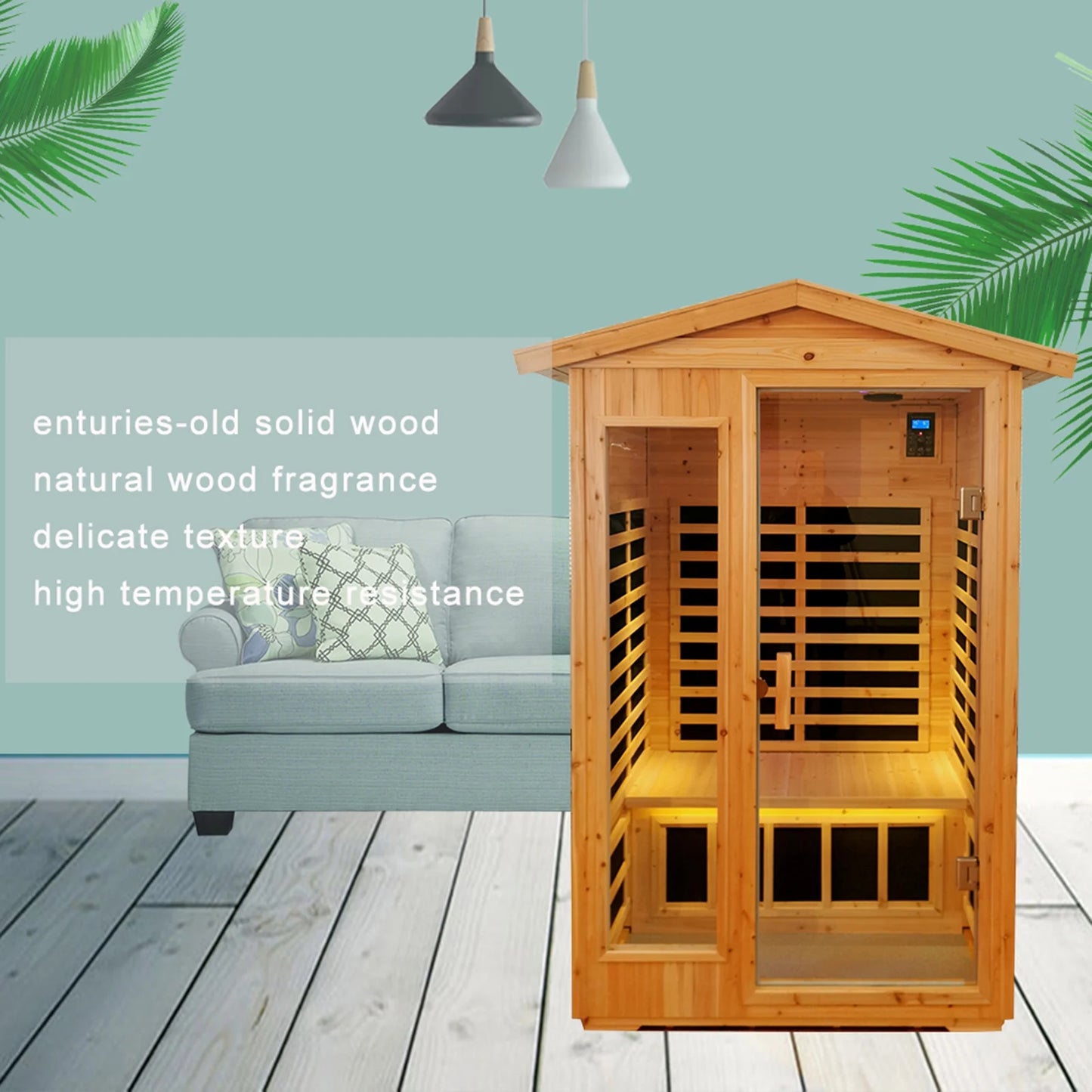 Wooden Outdoor Sauna, 2 Person 1750W Hemlock Sauna Room with 9 Low EMF Heaters