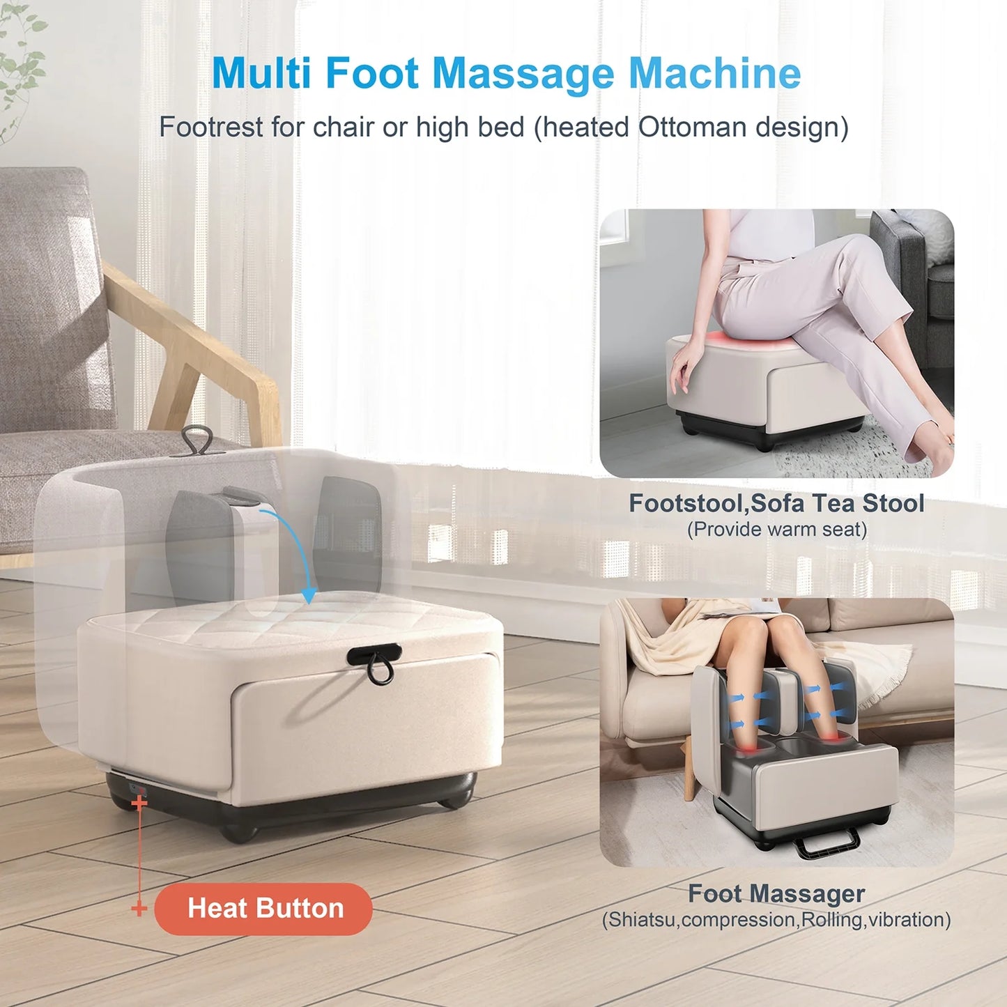 2 in 1 Foot Massager Machine & Ottoman Rest, Shiatsu Foot Calf Massager with Heat, App Control