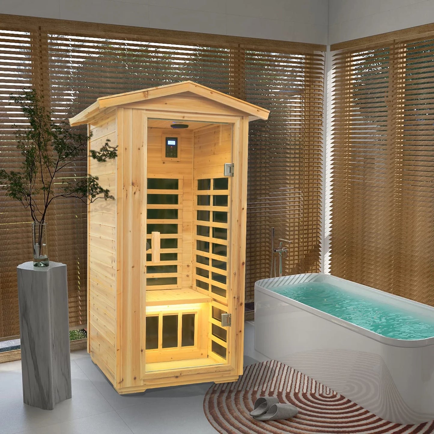 Outdoor Wooden Sauna, 1 Person 1560W Low EMF Canadian Hemlock Wooden Far Dry Sauna